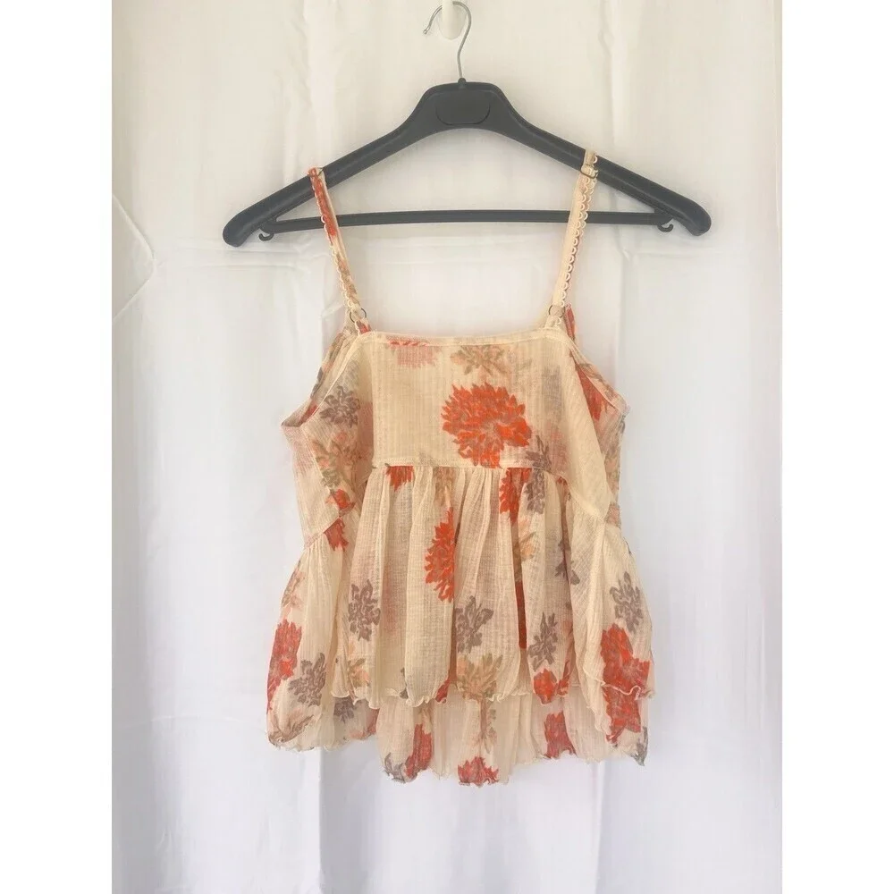 Free People Melbourne Ruffle Ribbed Tank Frilly Floral Tiered Fairy Size Medium